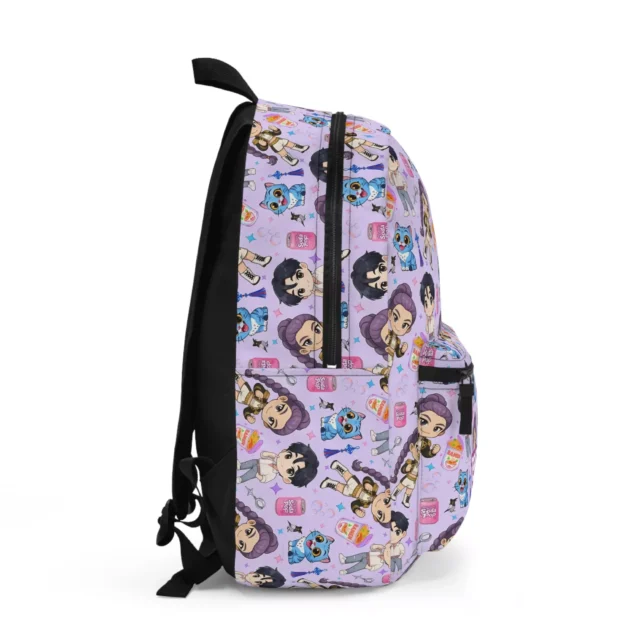 Side view of the lavender Huntrix and Saja Boys chibi Kpop backpack.