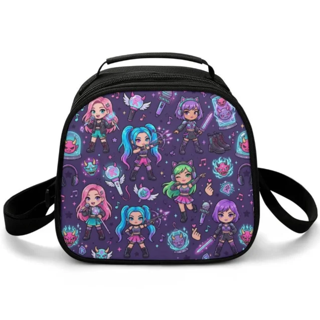 Side profile view of the purple Kpop Demon Hunters thermal cooler food storage bag showcasing zipper details.