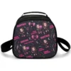 Front display view of the reusable Kpop Demon Hunters lunch bag for kids in purple edition style.