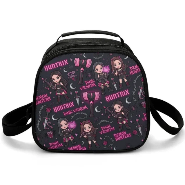 Front display view of the reusable Kpop Demon Hunters lunch bag for kids in purple edition style.