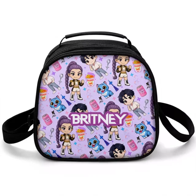 Lavender Huntrix lunch bag with the chibi cast — Saja Boys, sodas and Derpy — and the child's name across the front.