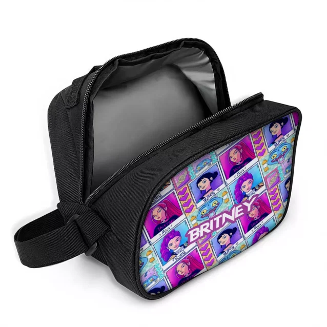 The Huntrix lunch box unzipped, showing the food-safe foil-lined insulated compartment inside.