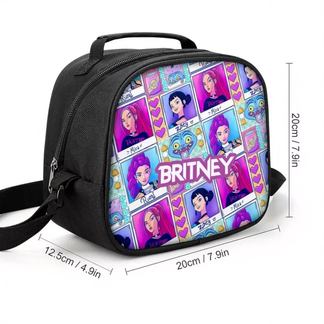 Side view of the Huntrix photocard lunch box with its printed dimensions — 7.9 by 7.9 by 4.9 inches.