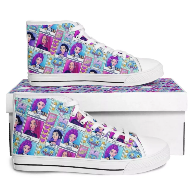 Anime-themed shoes with dark blue and gold floral detailing from Rumi’s stage outfits.