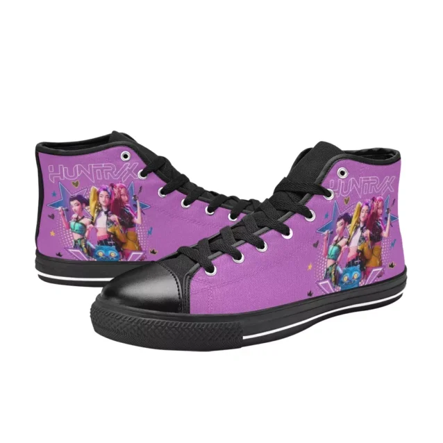 "Children's shoes with the Kpop Demon Hunters HUNTR/X logo."