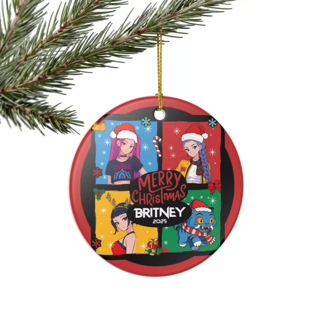 Hand holding the 3-inch round Kpop Demon Hunters ceramic ornament.