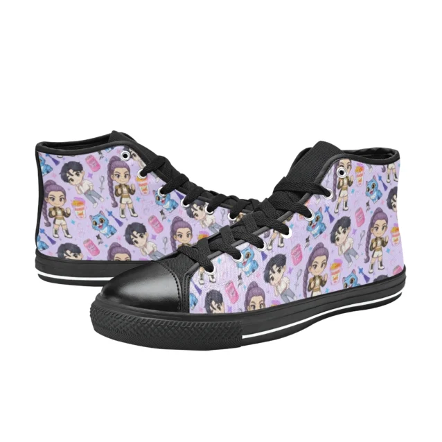 Electric blue Kpop shoes for kids and toddlers featuring high-resolution idol graphics.