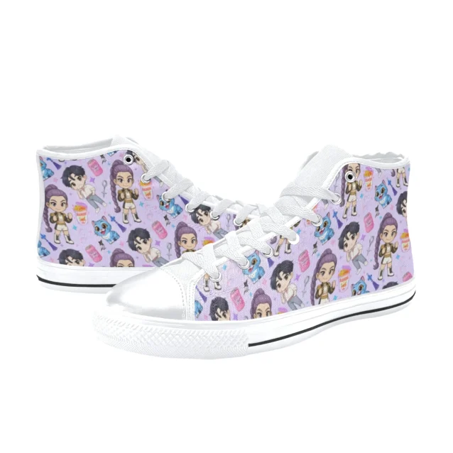 Side view of bright blue kids Kpop shoes showcasing Mira from the Demon Hunters group.