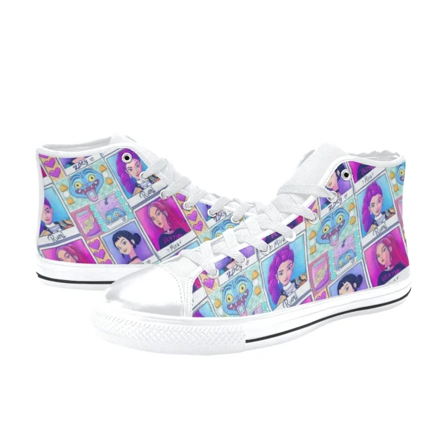 Side profile of kids Kpop high-top sneakers featuring idol Rumi in dark purple canvas.