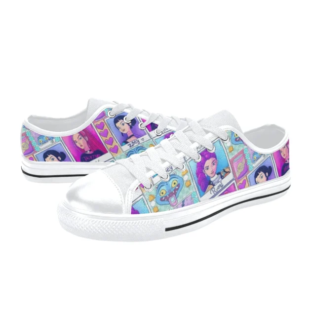 Front view of Zoey Kpop Demon Hunters shoes in vibrant neon pink canvas for kids.