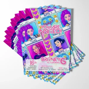 "Front view of Kpop birthday invitation with red demon hunter tracksuit design"