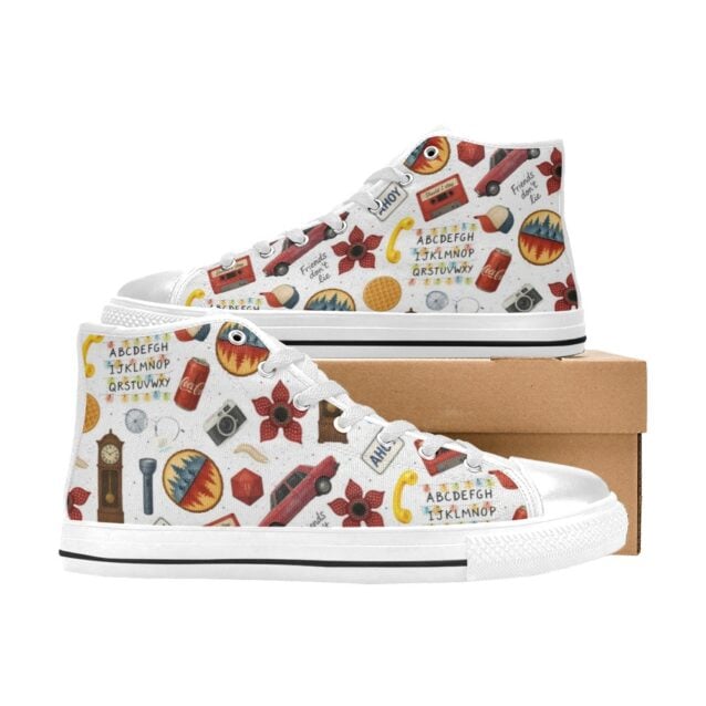 Side view of Stranger Things canvas shoes with 80s neon design.