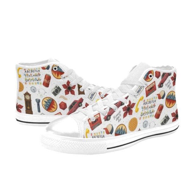 Stranger Things shoes for kids with Hawkins High School logo.