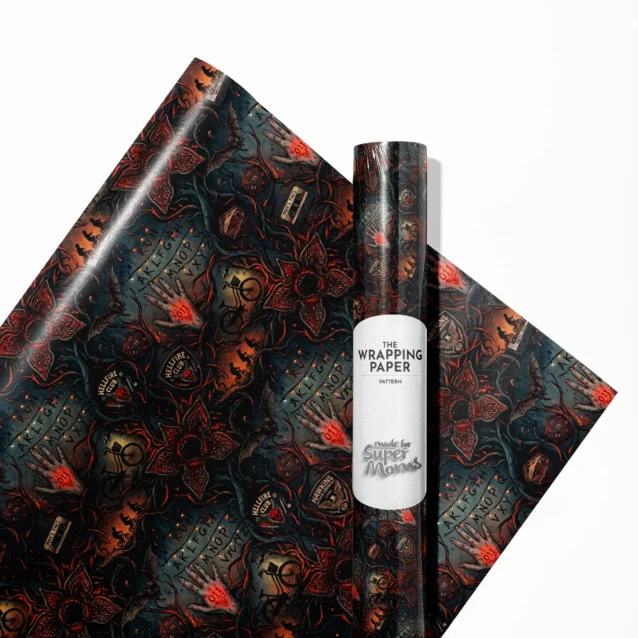 Custom Stranger Things gift wrap roll featuring the retro Hellfire Club demon logo pattern on a dark background, perfect for wrapping gifts for fans of the show.