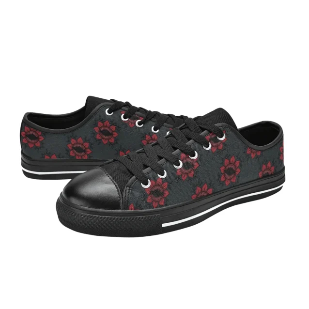 Front view of dark charcoal and red Demogorgon monster canvas sneakers for boys.