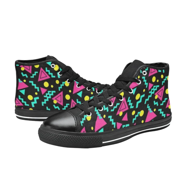 Back heel shot of the colorful retro geometric Stranger Things inspired kids canvas sneakers.