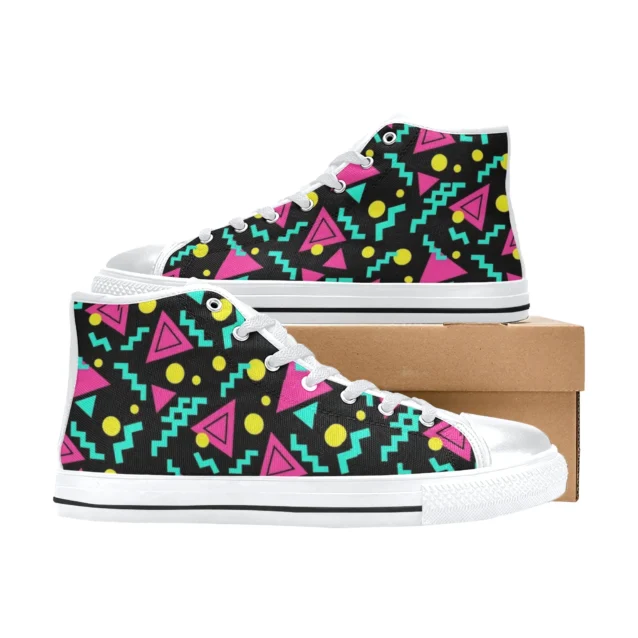 Everyday comfortable kids walking shoes featuring a bright 80s neon abstract design.
