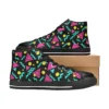 Stranger Things inspired Eleven romper pattern canvas shoes in vibrant pink, teal, and yellow.