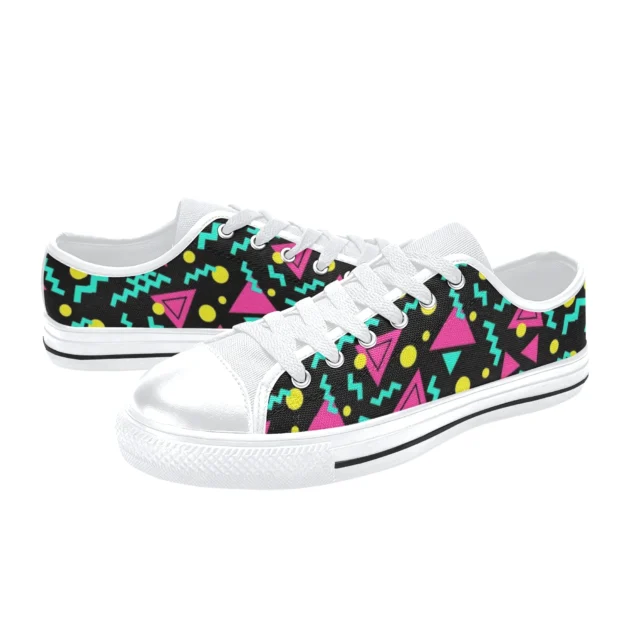 Front view of bright neon geometric 80s retro canvas sneakers for kids.