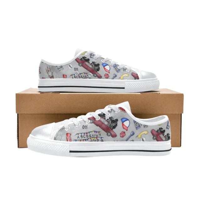 Close-up of the durable rubber toe guard on the colorful Stranger Things kids shoes.