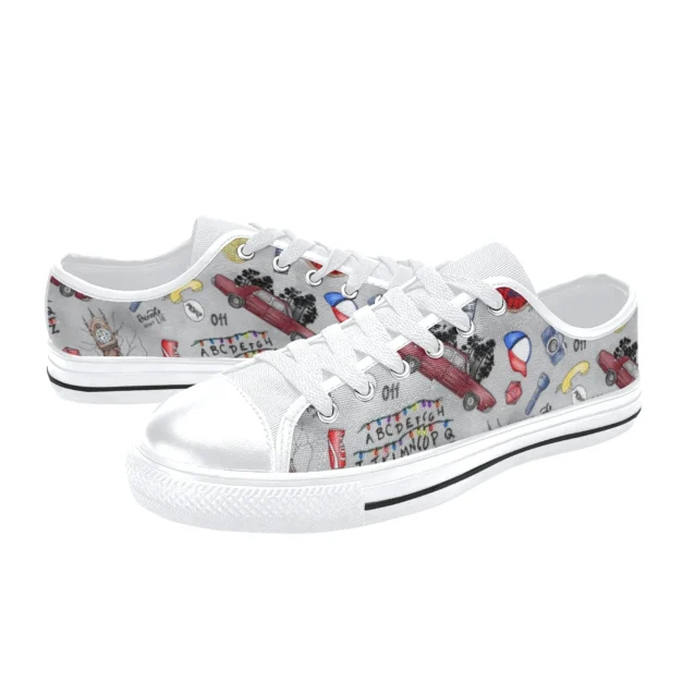 Side angle of the fun California summer-themed Surfer Boy Pizza retro 80s canvas sneakers.