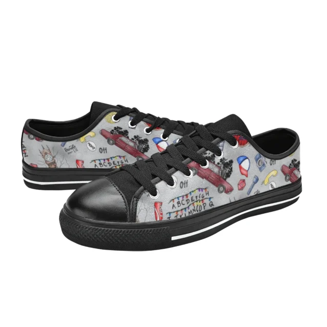 Stranger Things inspired Argyle surfer style kids footwear with palm tree and pizza graphics.