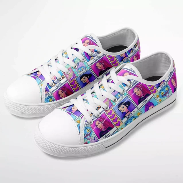 Vibrant purple and hot-pink Kpop Demon Hunters Sneakers in a low-top style, inspired by Rumi’s "classic beauty" idol aesthetic.