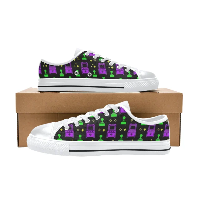 Front view of Surfer Boy Pizza themed canvas shoes for kids in bright pastel summer colors.