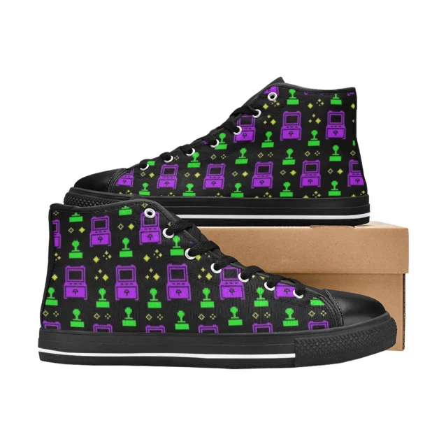Rear view of the neon retro gaming sneakers designed for active boys and girls.