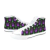 Dark comfortable school shoes for gamers featuring a neon 1980s arcade aesthetic.