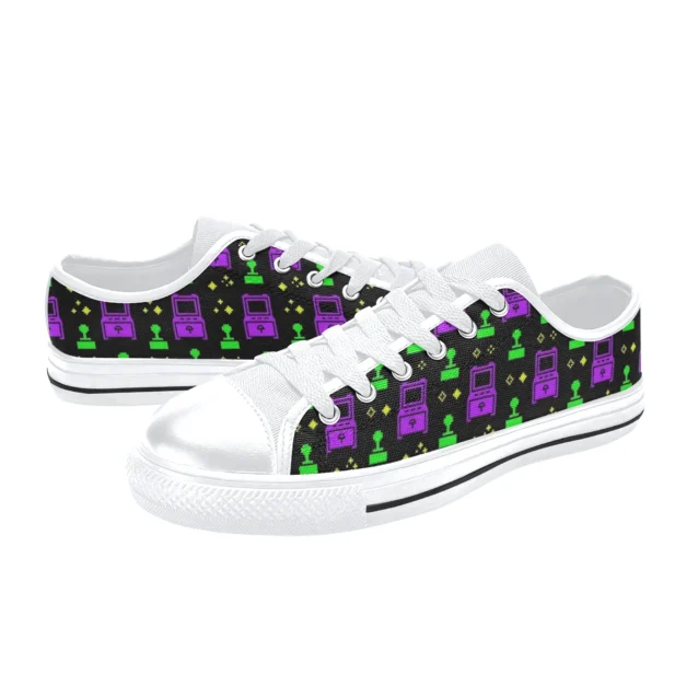 Side profile highlighting the 8-bit joystick and pixel stars on the kids gaming sneakers.