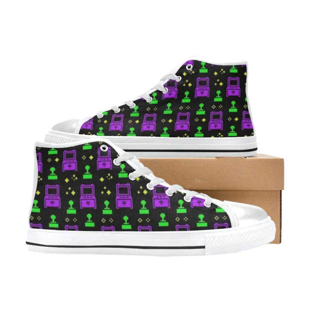 Stranger Things retro 80s arcade gaming shoes with neon purple and green accents.