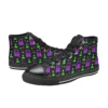 Front view of black canvas sneakers for kids featuring glowing neon Palace Arcade graphics.