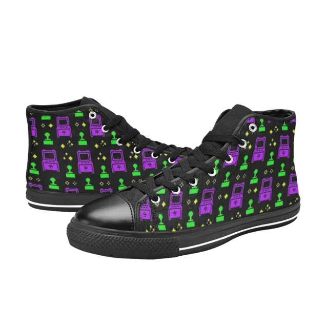 Front view of black canvas sneakers for kids featuring glowing neon Palace Arcade graphics.