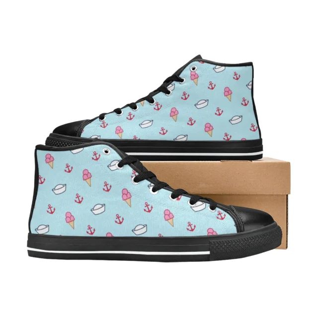 Comfortable sailor blue kids walking shoes featuring Stranger Things Scoops Ahoy artwork.