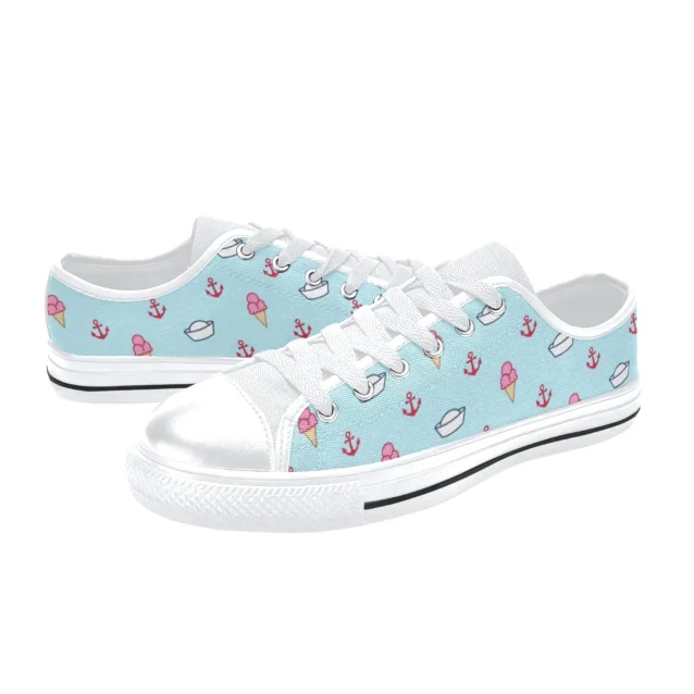 Side angle of cute blue and white ice cream themed Scoops Ahoy shoes for girls and boys.