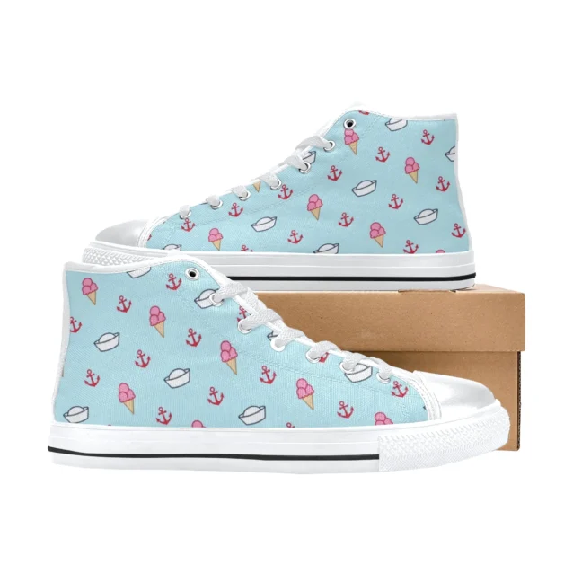 Front view of Scoops Ahoy sailor blue canvas sneakers for kids inspired by Stranger Things.