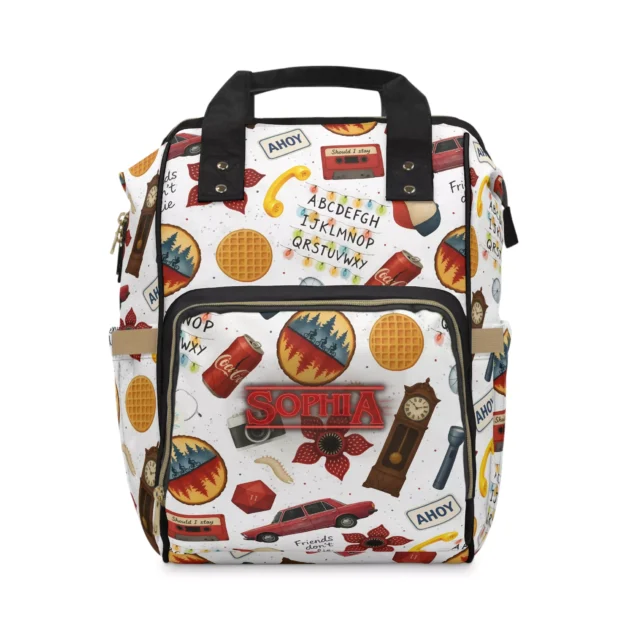 Custom Stranger Things inspired diaper bag front view showing large personalized name print.