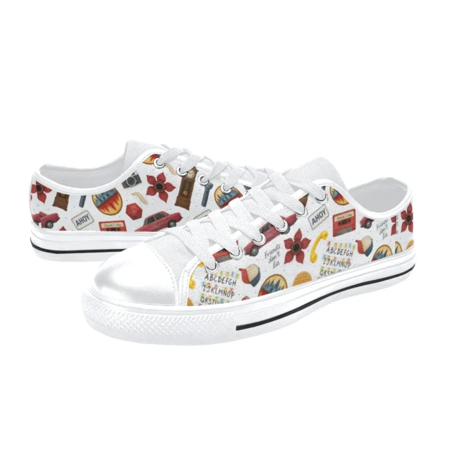 Front view of classic white Hawkins High School canvas sneakers for kids from Stranger Things.