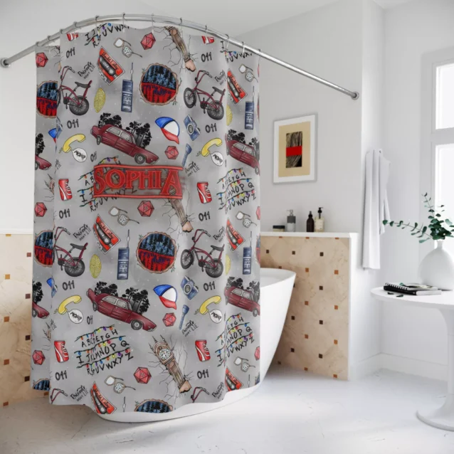 "Dustin Henderson and Dart the Demodog cute cartoon style Stranger Things merchandise curtain."