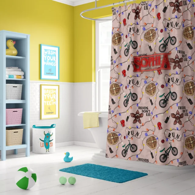 "Stranger Things shower curtain featuring neon red Demogorgon silhouette on black background for horror bathroom decor."