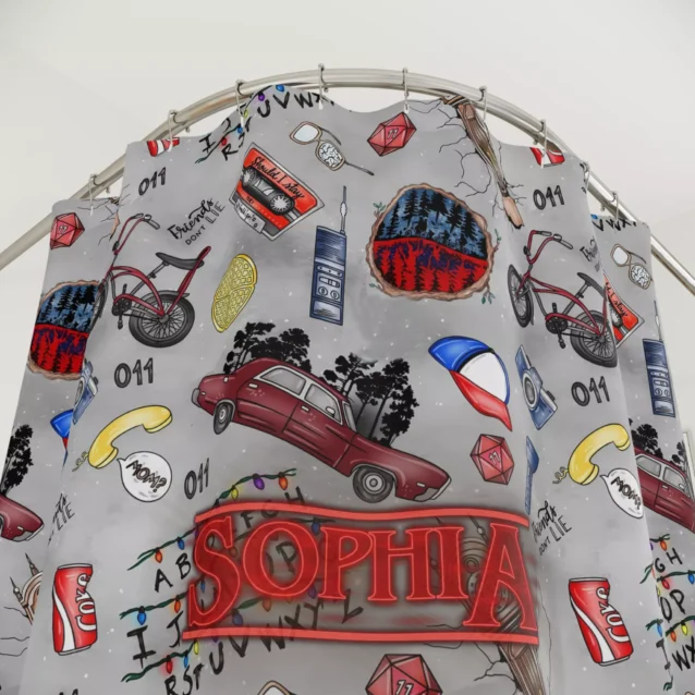 "Scary Vecna face close up detailed illustration on waterproof Stranger Things shower liner."