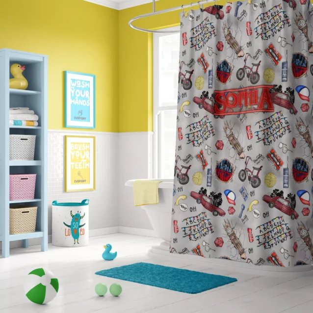 "Eleven from Stranger Things holding waffle artwork high definition print on polyester bathroom curtain."