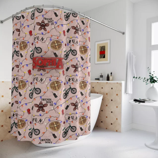 "Hellfire Club logo shower curtain Eddie Munson tribute design for gamer themed bathroom."