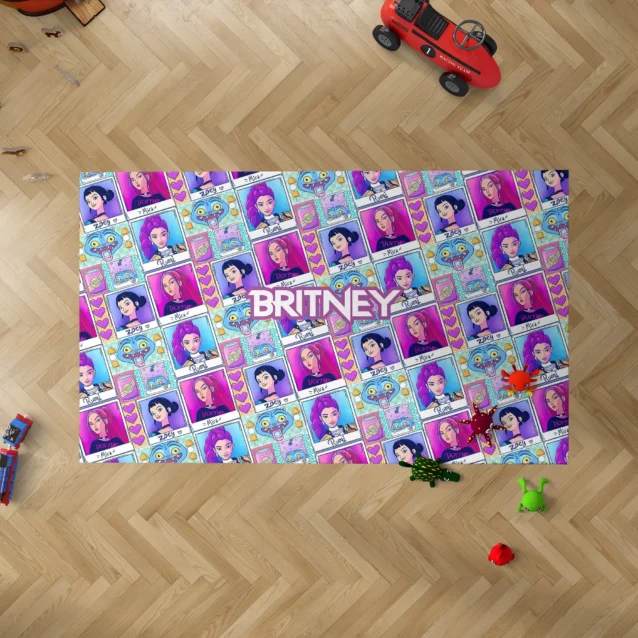 Vibrant purple and pink anime area rug for kids' rooms inspired by Kpop Demon Hunters.