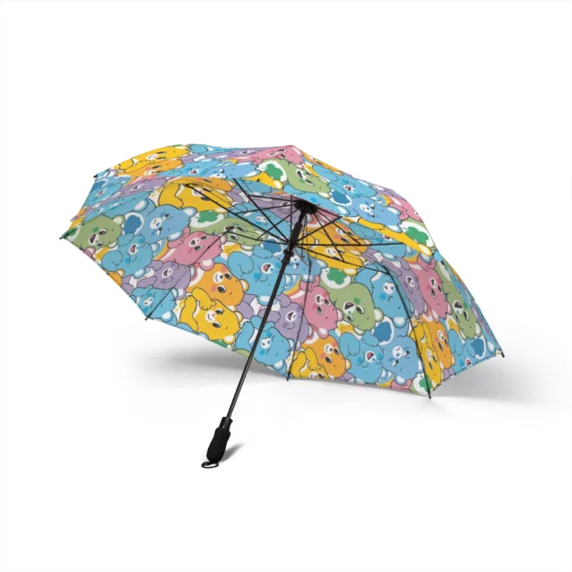 Windproof fiberglass ribs underneath the official Care Bears rain umbrella.