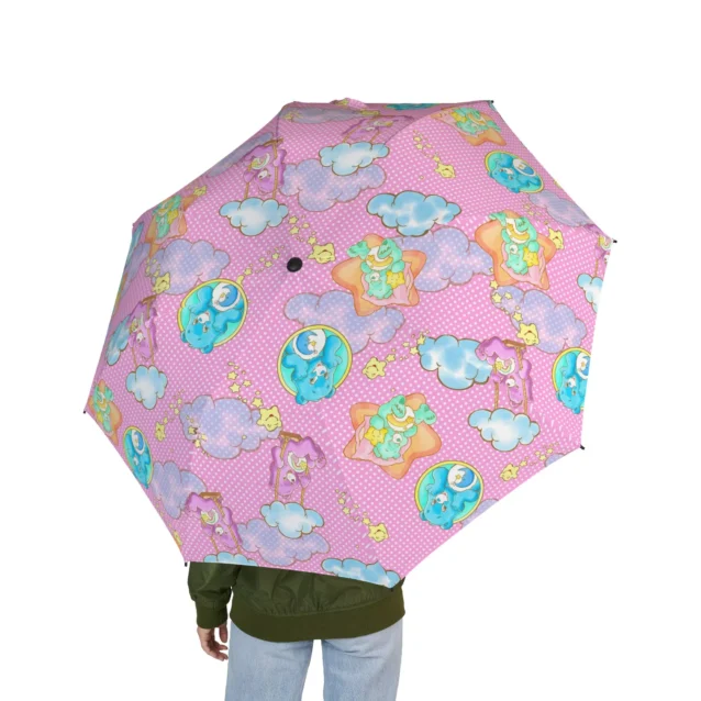 The Care Bears on Pink design on the Care Bears umbrella, seen from above.