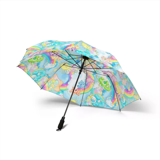 A child carrying the Care Bears umbrella on the way to school.