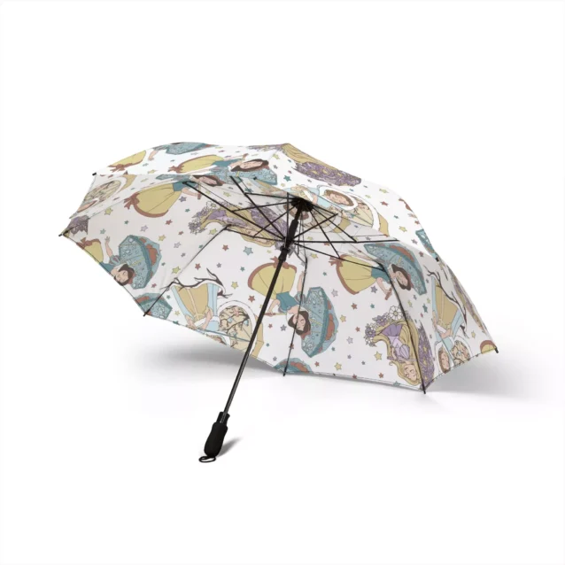High-density water repellent fabric shedding water drops off a Disney Princess compact umbrella.