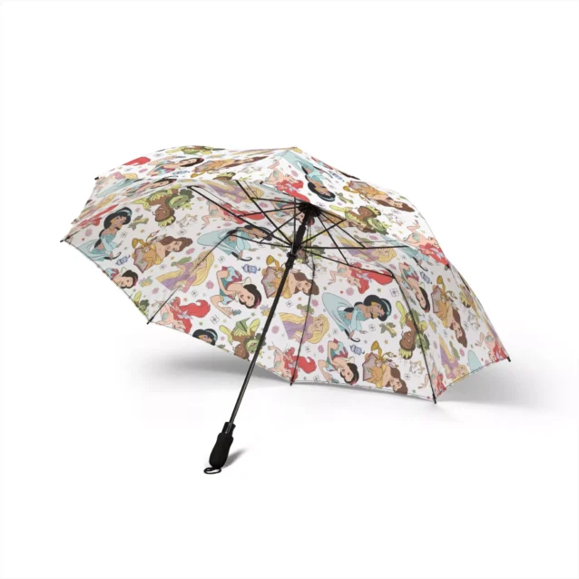 Disney Princess dome umbrella in pink featuring Cinderella, Ariel, and Belle characters.